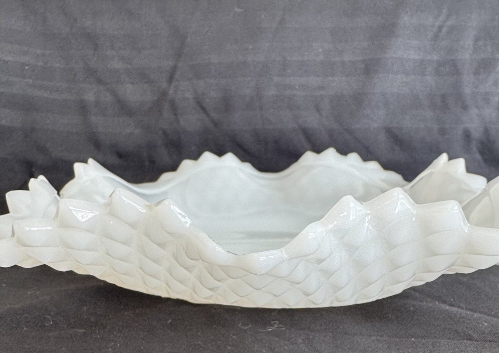 Vintage White Milk Glass Hobnail Ruffled Bowl Diamond Point Square 6.5"